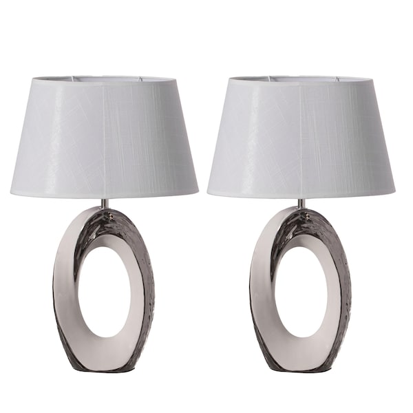 Quickway Imports Ceramic Table Lamp 19 inch, w/Silver and White Oval Stand and White Cotton Lampshade, 2PK QI004585.2 - main